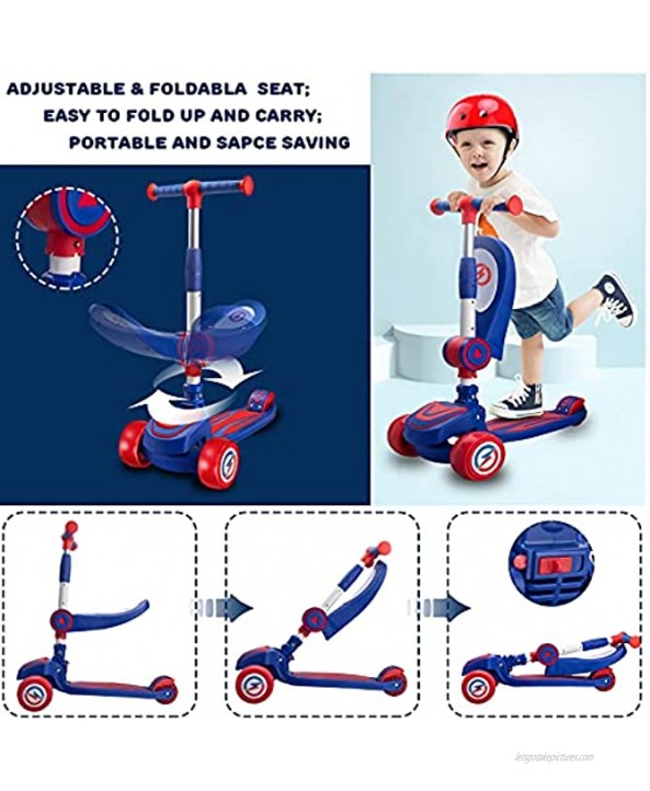 Achiyway Kick Scooters for Kids Ages 2-6 Foldable Seat Adjustable Height Scooters 3 Wheels Extra-Wide Deck LED PU Wheels Rear Brake Scooters for Boys Girls Toddlers