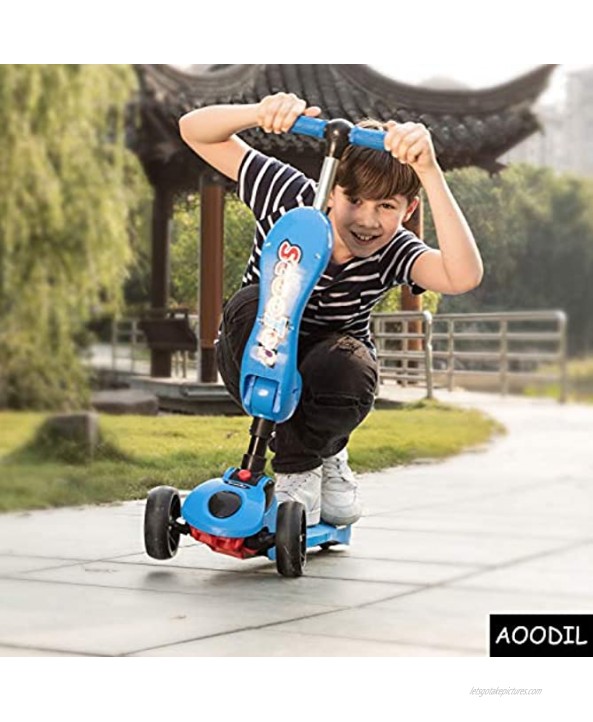 AOODIL Scooter for Kids 3-5 Years Old with Foldable Seat Extra-Wide PU Wheels with LED Flashing Kick Scooter for Toddlers Boys & Girls