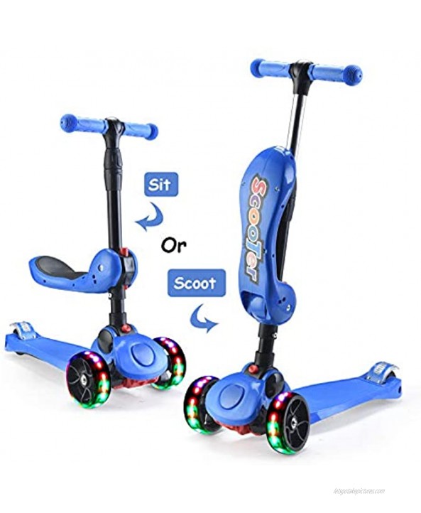 AOODIL Scooter for Kids 3-5 Years Old with Foldable Seat Extra-Wide PU Wheels with LED Flashing Kick Scooter for Toddlers Boys & Girls