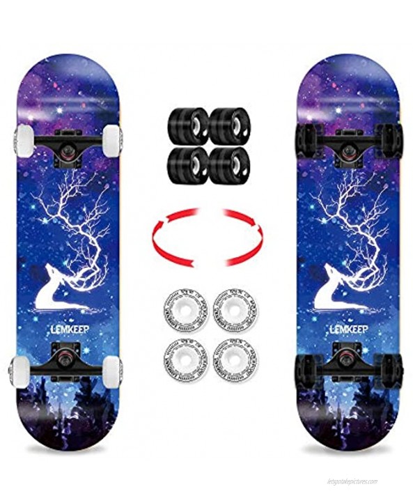 LOSENKA 31 Standard Skateboard with 2 Sets Wheels,7 Layer Canadian Maple Double Kick Deck Concave Board with Tool for Beginners and Pro
