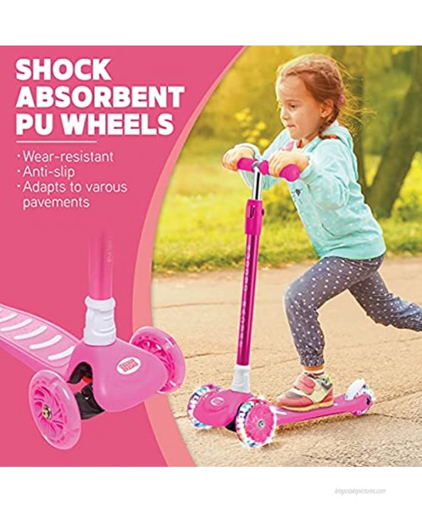 Rugged Racers Pro Kick Scooter for Boys & Girls 3 Wheel Scooter for Kids Toddler Scooter with Adjustable Height LED Light PU Wheels Step Brake Lean 2 Turn Ride on Toys for Children 3 Year Plus