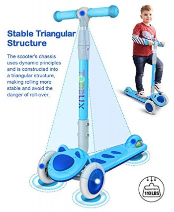 Toddler Scooter TONBUX 3 Wheel Kick Scooter for Toddlers Kids Age 3 to 8 Boys and Girls Scooter with Light Up 3-Wheels Adjustable Height Mini Scooter for Children Ride on Toys Blue Cat Design