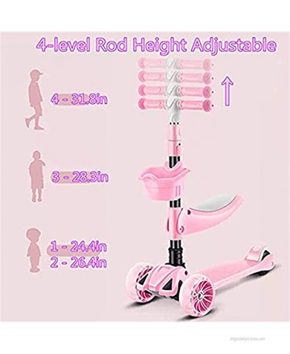 Utaomld 3 Wheeled Scooter for Kids Kick Scooter with Removable Seat Toddlers Girls or Boys Adjustable Height LED Flashing Wheels Scooter with Brake for Kids 1-14 Years Old