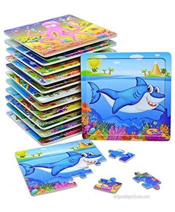 12Pack Easy Wooden Jigsaw Puzzles for Kids Age 4-8 Years Old Sea Animals Small Summer Toddler Puzzles Party Favors for Girls and Boys Portable Travel Puzzles 20 Pieces Per Puzzle