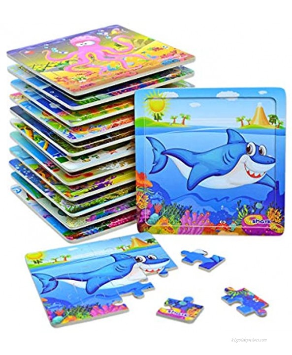 12Pack Easy Wooden Jigsaw Puzzles for Kids Age 4-8 Years Old Sea Animals Small Summer Toddler Puzzles Party Favors for Girls and Boys Portable Travel Puzzles 20 Pieces Per Puzzle