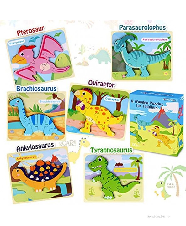 6 Pack Dinosaur Wooden Jigsaw Puzzles Preschool Learning Toys for Toddler Ages 1 2 3 4 5 Year Old Gift
