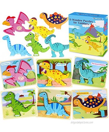 6 Pack Dinosaur Wooden Jigsaw Puzzles Preschool Learning Toys for Toddler Ages 1 2 3 4 5 Year Old Gift