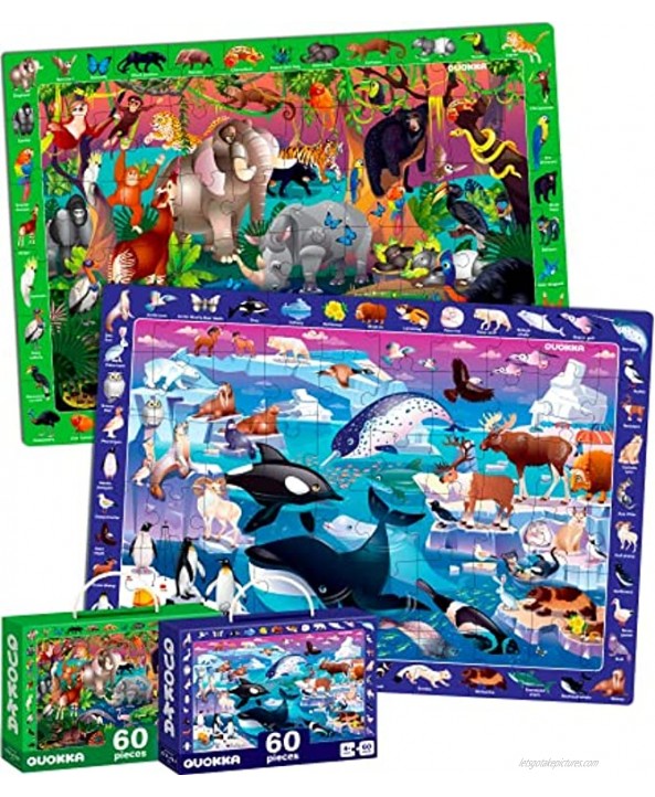 60 Pieces Floor Puzzles for Kids Ages 3-5 – 2 Big Toddler Jigsaw Puzzles 4-8 Years Old by Quokka – Search & Find Game for Learning Forest and Polar Animals Gift Toys for Boys and Girl 6-8-10
