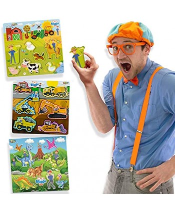 Blippi Montessori Chunky Puzzles for Kids 3 Chunky Puzzle Set for Toddlers Wooden Animal Puzzle for 2 Year Old Toddlers Puzzle with Dinosaurs and Construction Pieces Wood Puzzle Gift Set Ages 2+