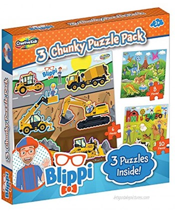 Blippi Montessori Chunky Puzzles for Kids 3 Chunky Puzzle Set for Toddlers Wooden Animal Puzzle for 2 Year Old Toddlers Puzzle with Dinosaurs and Construction Pieces Wood Puzzle Gift Set Ages 2+