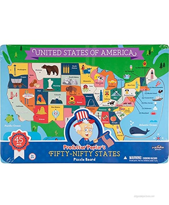 Professor Poplar’s Fifty-Nifty States United States of America Wooden Jigsaw Puzzle Board USA Map Puzzle with Lift & Learn Pieces 45 pcs. by Imagination Generation