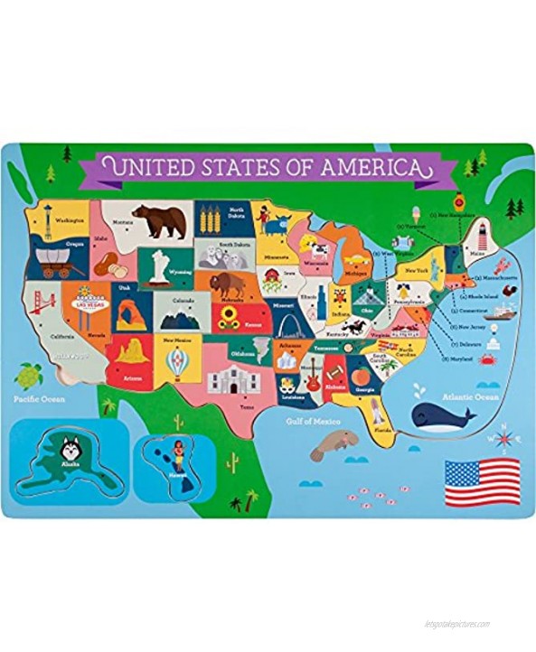 Professor Poplar’s Fifty-Nifty States United States of America Wooden Jigsaw Puzzle Board USA Map Puzzle with Lift & Learn Pieces 45 pcs. by Imagination Generation