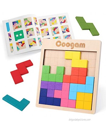 Coogam Wooden Puzzle Pattern Blocks Brain Teasers Game with 60 Challenges 3D Russian Building Toy Wood Tangram Shape Jigsaw Puzzles Montessori STEM Educational Toys Gift for Kids Adults