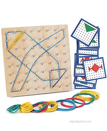 GEMEM Wooden Geoboard Mathematical Manipulative Array Block Geo Board Graphical Educational Toys with 23 Pcs Pattern Cards Latex Bands Shape Puzzle Matrix 8x8 Brain Teaser for Kid
