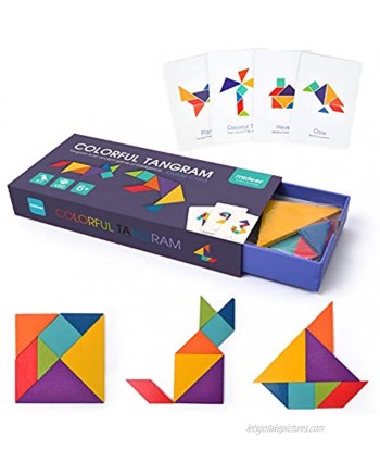 MIDEER Wooden Pattern Blocks Colorful Geometric Shapes Tangram Puzzle Sorting and Stacking Travel Games Preschool Montessori Educational Learning Toys for Kids Ages 3+7 Pieces & 100 Patterns
