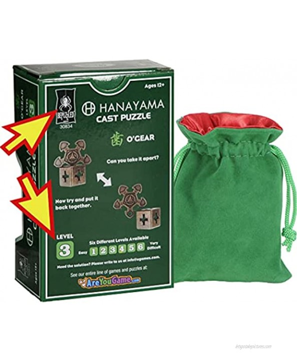 O’Gear U&U Devil Hanayama Brain Teaser Puzzle Bundle with 3 Green Velvet Red Satin Lined Drawstring Pouches