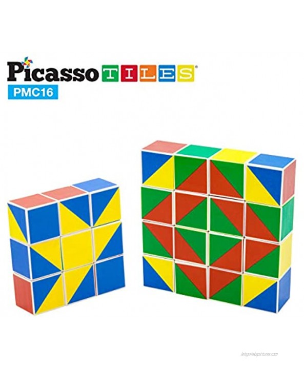 PicassoTiles 16 Piece Magnetic Puzzle Game Magic Cube Puzzles Brain Teaser Set Kids Toy Magnet Pattern Block Matching Toys with Free Ideabook 100+ Inspirations Included STEM Learning Early Education