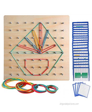 USATDD Wooden Geoboard Mathematical Manipulative Material Array STEM Block Geo Board Graphical Educational Toys with Pattern Flash Cards and Latex Bands Shape Puzzle Matrix 8x8 Brain Teaser for Kid