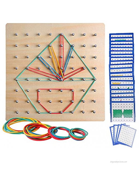 USATDD Wooden Geoboard Mathematical Manipulative Material Array STEM Block Geo Board Graphical Educational Toys with Pattern Flash Cards and Latex Bands Shape Puzzle Matrix 8x8 Brain Teaser for Kid