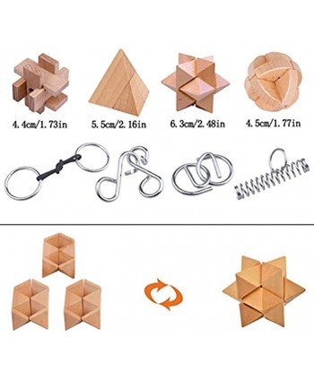 Wooden and Metal Puzzles Brain Teasers Set of 8 Mind Game Wire Unlock Interlock IQ Hand Puzzle Toys Party Favor Gifts for Kids Adults All Ages Challenge with Gift Box