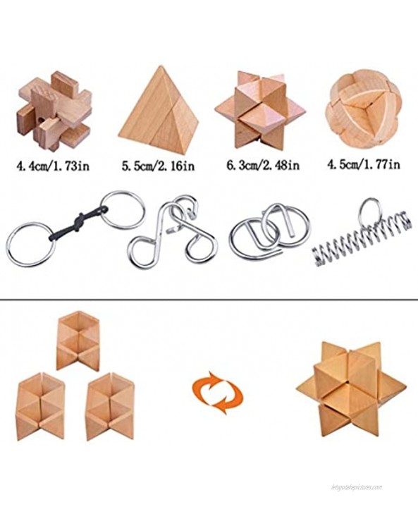 Wooden and Metal Puzzles Brain Teasers Set of 8 Mind Game Wire Unlock Interlock IQ Hand Puzzle Toys Party Favor Gifts for Kids Adults All Ages Challenge with Gift Box