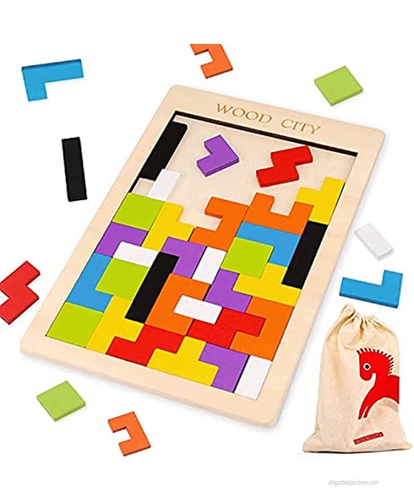 Wooden Blocks Puzzles Brain Teasers Tangram Puzzles & Educational Toys for Toddlers Age 3 5 7 10 Colorful Russian Blocks with a Storage Bag Perfect Montessori & Stem Toys Gift for Kids 40Pcs