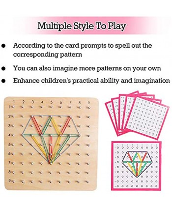 Wooden Geoboard Educational Montessori 9x9 Mathematical Manipulative Material Array Block Geo Board Graphical Math Toys with Pattern Cards and Latex Bands Shape STEM Puzzle Brain Teaser for Kid