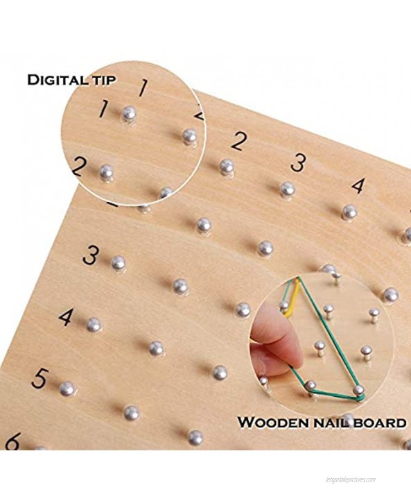 Wooden Geoboard Educational Montessori 9x9 Mathematical Manipulative Material Array Block Geo Board Graphical Math Toys with Pattern Cards and Latex Bands Shape STEM Puzzle Brain Teaser for Kid