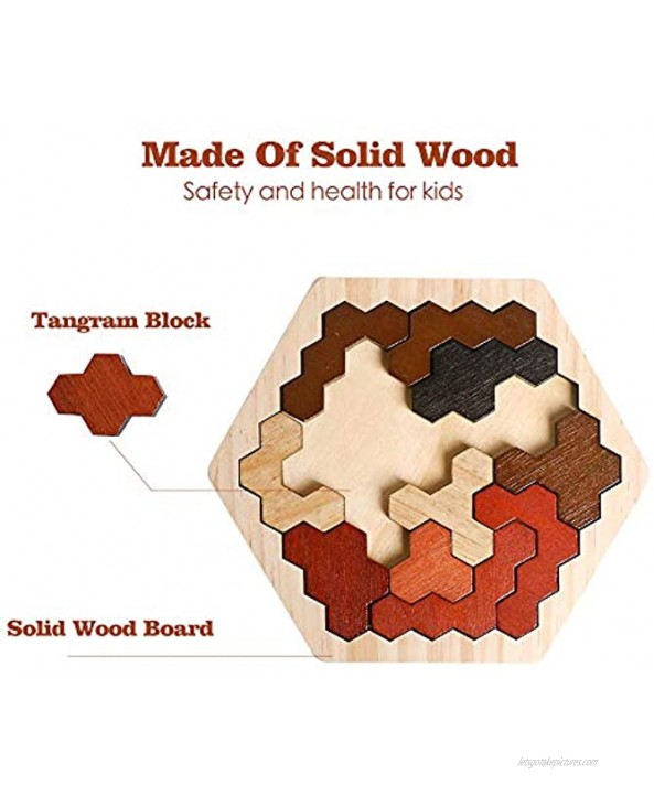 Wooden Hexagon Puzzle for Kid Adults Colorful Shape Pattern Block Tangram Brain Teaser Toy Geometry Logic IQ Game STEM Montessori Educational Gift for All Ages Challenge Children