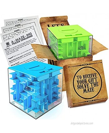 2 Pack Money Puzzle Gift Boxes | Two Cool Cube Shaped Puzzle Money Holder Maze | Challenging and Unique Puzzle Box Money Maze for Cash and Mini Maze Cards by aGreatLife