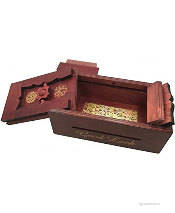 Good Luck Puzzle Box Secret Money and Gift Card Holder in a Wooden Magic Trick Lock with Hidden Compartment Piggy Bank Brain Teaser Game