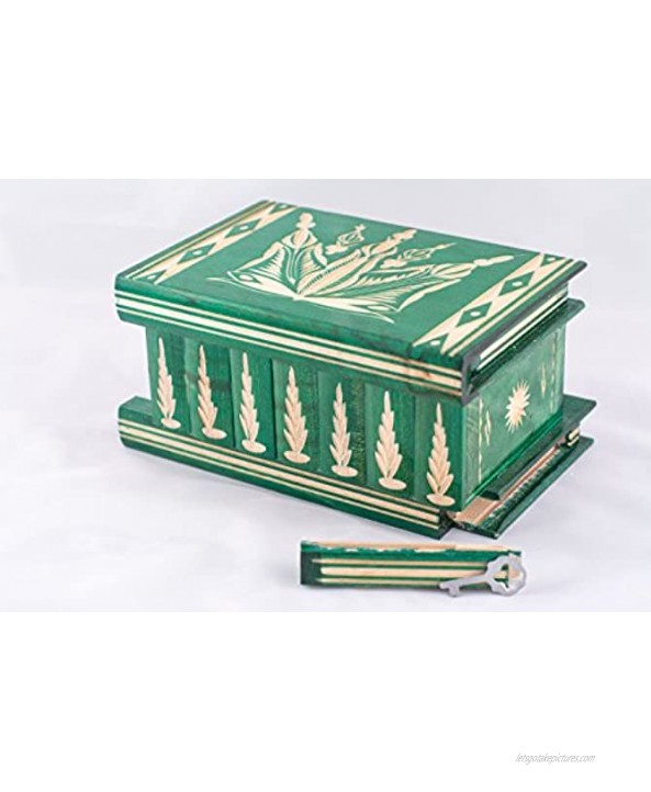 Jewelry and Puzzle Box 2 in 1 Handmade Wooden Case with Hidden Key and Removable Compartments Beautiful Classical Wooden Carved Jewelry Puzzle Box by Kalotart Green
