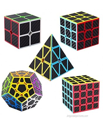 Roxenda Speed Cube Set Speed Cube Bundle of 2x2 3x3 4x4 Megaminx Cube and Pyramid Cube Smoothly Carbon Fiber Sticker Magic Cubes Collection for Kids & Adults [5 Pack]