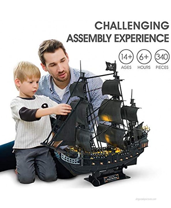 CubicFun 3D Puzzle Led Pirate Ship Queen Anne's Revenge Large 27'' Model Kit Desk Decor Sailboat Vessel Hard Puzzles for Adults 340 Pieces Gifts for Men Women Kids Birthday Gifts for Him Her