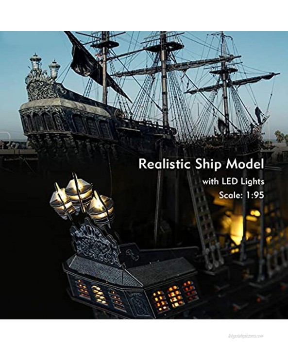 CubicFun 3D Puzzles 26.6 Pirate Ship with 15 LED Bulbs for Adults Sailboat Model Building Kits Hobby Toy Cool Room Decor Gift for Men Queen Anne's Revenge Difficult Family Puzzle