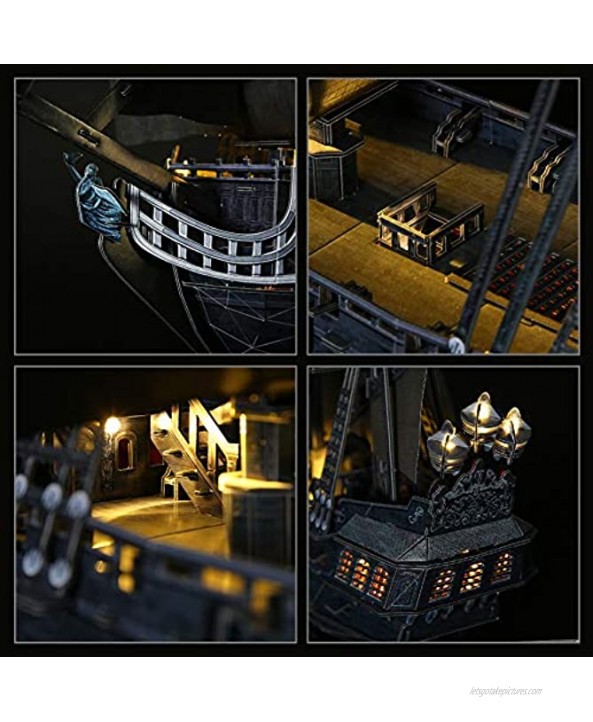 CubicFun 3D Puzzles 26.6 Pirate Ship with 15 LED Bulbs for Adults Sailboat Model Building Kits Hobby Toy Cool Room Decor Gift for Men Queen Anne's Revenge Difficult Family Puzzle