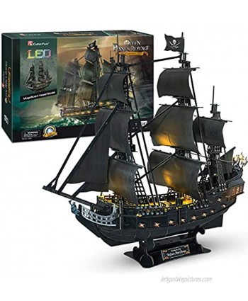 CubicFun 3D Puzzles 26.6" Pirate Ship with 15 LED Bulbs for Adults Sailboat Model Building Kits Hobby Toy Cool Room Decor Gift for Men Queen Anne's Revenge Difficult Family Puzzle