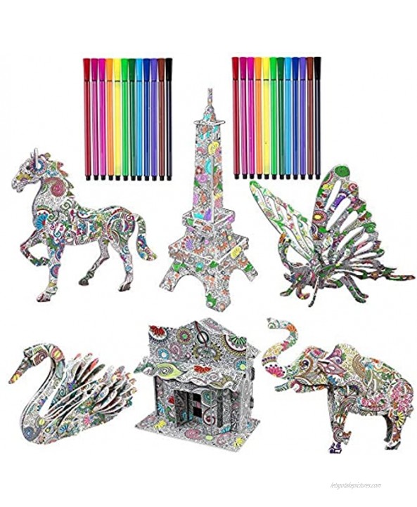 DDMY 3D Coloring Puzzle Set,6 Different Animals Building Puzzles with 24 Pen Markers Art Coloring Painting 3D Puzzle for Kids Age 7 8 9 10 11 12. Fun Creative DIY Toys Gift for Girls and Boy 6PACK