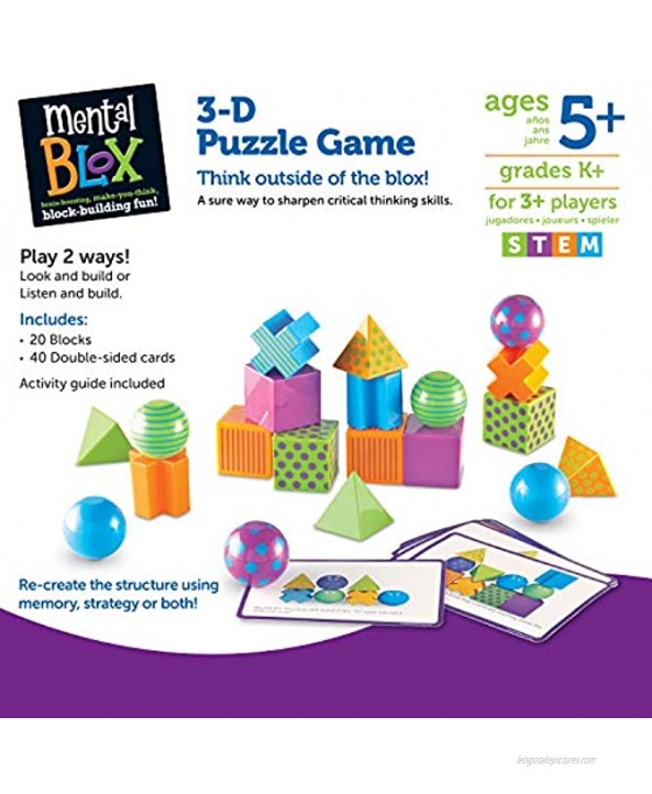 Learning Resources Mental Blox Critical Thinking Game Homeschool 20 Blocks 40 Activity Cards Ages 5+,Multicolor