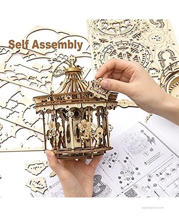 ROKR 3D Wooden Puzzles Music Box DIY Mechanical Model Kits to Build Romantic Carousel Gift for Teens&Adults