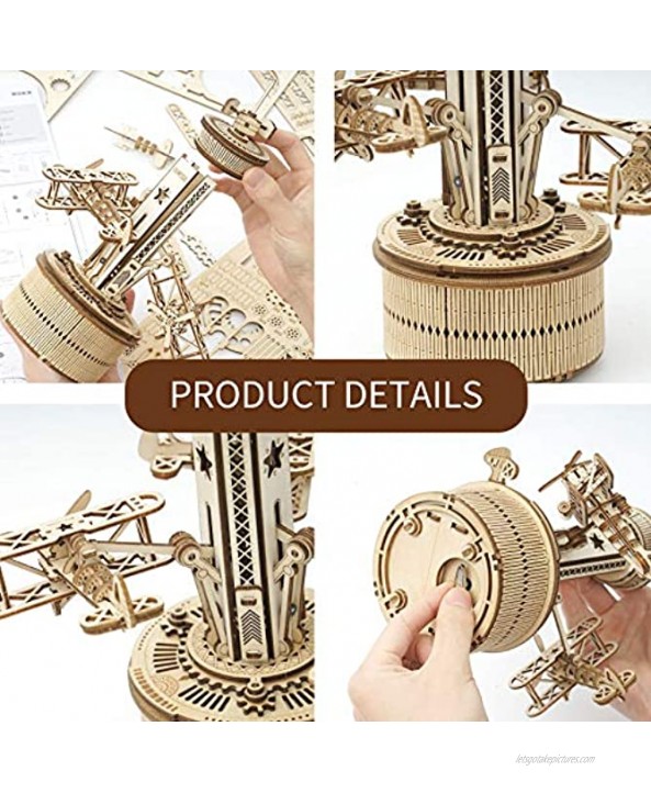 ROKR 3D Wooden Puzzles Music Box for Adult to Build DIY Model Craft Kits Mechanical Airplane-Control Tower Gift for Friends and Family