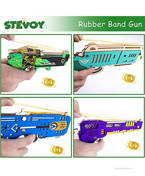 STEVOY 4 Pack 3D Wooden Puzzle Rubber Band Gun Wood Model Pistol Toy DIY Craft Kits | Brain Teaser Gifts for Kids and Adults to Build