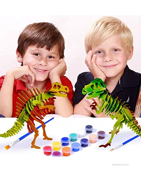 STEVOY DIY 3D Paint Wooden Puzzles Kit for Kids Pack of 6 Dinosaur Model Paint Kit with Brush Toys for Children Educational Crafts Building STEM