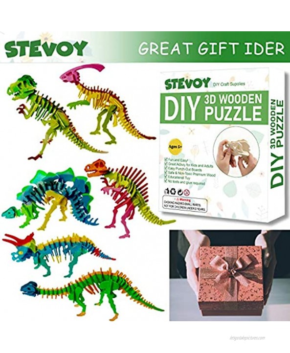 STEVOY DIY 3D Paint Wooden Puzzles Kit for Kids Pack of 6 Dinosaur Model Paint Kit with Brush Toys for Children Educational Crafts Building STEM