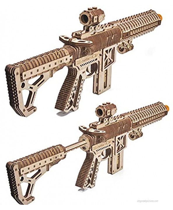 Wood Trick Assault Gun AR-T Model Kit for Adults and Teens to Build with Telescoping Butt Fuse Sight and Clip for 12 Rounds Detailed Construction 23x8″ 3D Wooden Puzzle 14+