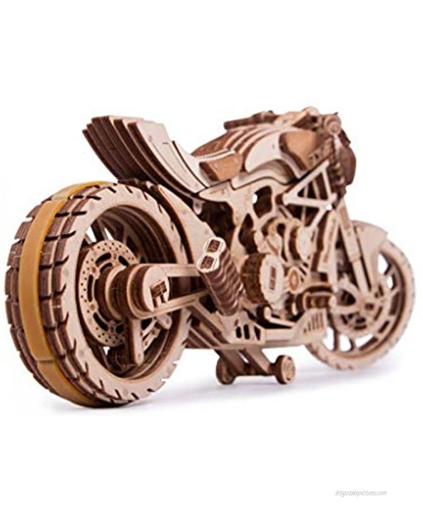 Wood Trick Motorcycle w Rubber Band Motor Rides up to 16ft Mechanical Model Kit for Adults and Kids No Batteries 10x4″ 3D Wooden Puzzle