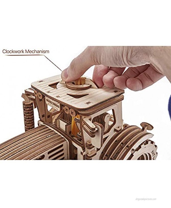 Wood Trick Wooden Mechanical Tractor Model Kit to Build for Adults and Kids 11x7″ Detailed and Sturdy Rubber Band Motor 2 Speeds 3D Wooden Puzzle