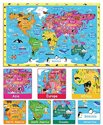 100 Piece Puzzles for Kids Ages 4-8,Animal World Map Toddler Puzzles,World Map for Kids Puzzles,Learn Landmarks Educational Toy Ages 6 Years and Up,World Map Floor Puzzle Geography for Kids