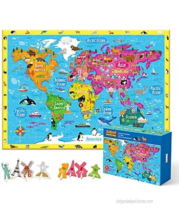 100 Piece Puzzles for Kids Ages 4-8,Animal World Map Toddler Puzzles,World Map for Kids Puzzles,Learn Landmarks Educational Toy Ages 6 Years and Up,World Map Floor Puzzle Geography for Kids