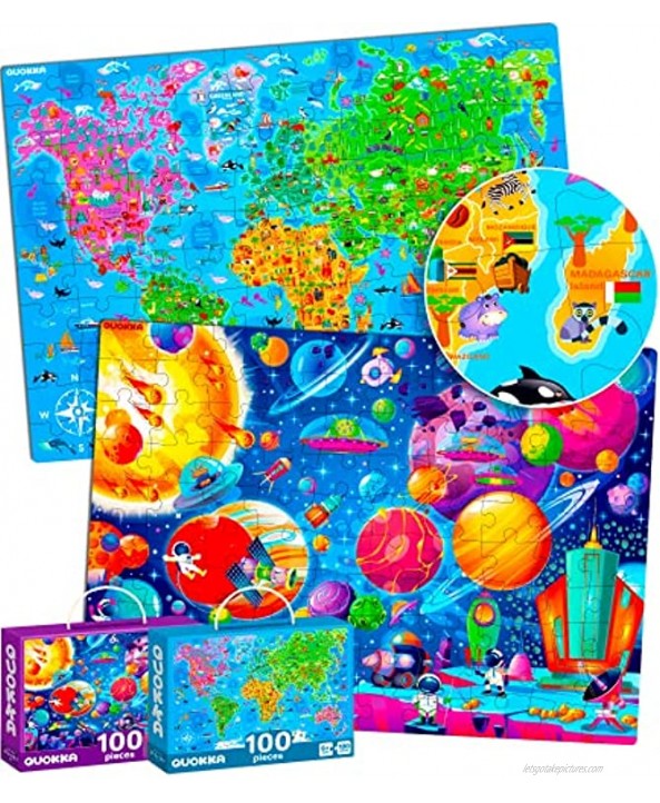 100 Pieces Jigsaw Puzzles for Kids Ages 4-8 by Quokka – Big Floor Puzzles for Toddlers 3-5 Years Old – Toys for Learning World Map and Solar System Gift for Boys and Girl Ages 6-8-10